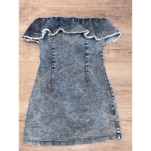 Shein Mini Dress Women 6 Blue Denim Ruffle Frayed Trim Off The Shoulder Back Zip
